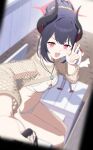  1girl absurdres bikini birthday black_hair black_horns blue_archive brown_shrug chiaki_(blue_archive) chiaki_(swimsuit)_(blue_archive) chibi commentary curved_horns doodle_sensei_(blue_archive) felix_(mtw93) fishnet_shrug hair_bun halo highres holding holding_stick horns looking_at_viewer multicolored_horns o-ring o-ring_bikini o-ring_top official_alternate_costume official_alternate_hairstyle open_mouth red_eyes red_halo see-through_clothes see-through_shrug selfie selfie_stick sensei_(blue_archive) shrug_(clothing) smile solo stick swimsuit taking_picture two-tone_horns v vignetting white_bikini 