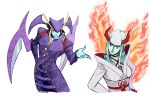  blue_body blue_skin capcom clothing darkstalkers demon devil_kazumi dress_shirt duo female fire hair hi_res horn humanoid jedah_dohma looking_back male michafrar not_furry purple_clothing shirt tekken topwear video_games white_clothing white_hair wings 