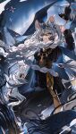  1girl absurdres animal_ear_fluff animal_ears arknights braid commentary_request dress grey_eyes grey_hair hair_between_eyes highres jewelry kirstin_(lan_yuxiu) long_hair long_sleeves looking_at_viewer pramanix_(arknights) pramanix_the_prerita_(arknights) snow_leopard_ears snow_leopard_girl solo twin_braids very_long_hair white_hair 
