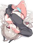  1girl absurdres commentary_request djmax eyepatch fail_(djmax) food grey_hair hair_between_eyes highres holding holding_food holding_ice_cream ice_cream ice_cream_bar long_hair looking_at_viewer navel red_eyes s9uirrel simple_background single_bare_shoulder solo thigh_gap thighs unworn_eyepatch white_background 