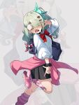  1girl absurdres alternate_costume aria_(robot)_(zenless_zone_zero) aria_(zenless_zone_zero) asymmetrical_bangs bag blue_bag blush bow bowtie clothes_around_waist commentary cowboy_shot earrings english_commentary green_eyes green_hair hair_ornament hair_over_one_eye hairclip highres jacket jacket_around_waist jewelry leg_up leg_warmers looking_at_viewer musical_note_earrings one_eye_closed open_mouth pink_jacket pleated_skirt red_bow red_bowtie see-through_hair shirt skirt solo standing standing_on_one_leg striped_leg_warmers sunna_(zenless_zone_zero) two-tone_leg_warmers ui_gray v v_over_eye wavy_mouth white_shirt zenless_zone_zero 