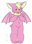  2020 ambiguous_gender anthro blonde_hair blush chiropteran claws dot_eyes featureless_crotch fleurfurr fur hair looking_away mammal membrane_(anatomy) membranous_wings multicolored_body multicolored_fur nervous pink_body pink_fur scut_tail simple_background solo watermark white_background wings yellow_body yellow_chest yellow_fur yellow_nose 