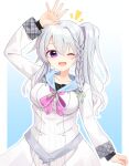  1girl 9-nine- :d ;d ahoge arm_at_side arm_up belt blue_background blush border bow braid breasts buttons chest_bow collarbone commentary cowboy_shot double-breasted dress gradient_background green_ribbon grey_belt grey_hair hair_between_eyes hair_ribbon hakusen_academy_school_uniform happy highres large_breasts long_hair long_sleeves looking_at_viewer niimi_sora notice_lines one_eye_closed open_mouth outline outside_border outstretched_hand pink_bow purple_eyes ribbon school_uniform side_ponytail silver116 simple_background single_braid smile solo waving white_border white_dress white_outline 