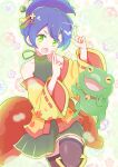  1girl animal animal_collar bell black_shirt black_skirt black_thighhighs blue_hair collar commentary_request cowboy_shot floral_background flower folded_ponytail frog green_eyes hair_flower hair_ornament hair_stick halter_shirt halterneck highres japanese_clothes jazz_grace jingle_bell kaede_(kunoichi_princess)_(puyopuyo) kaede_(puyopuyo) kimono kuji-in looking_at_viewer miniskirt ninja off_shoulder official_alternate_costume open_clothes open_kimono open_mouth orange_kimono pleated_skirt puyopuyo puyopuyo_quest shirt short_hair short_kimono skirt sleeveless sleeveless_shirt smile solo standing standing_on_one_leg thighhighs v-shaped_eyebrows wide_sleeves yellow_flower zettai_ryouiki 