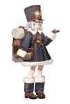 1girl absurdres backpack bag blush boots brown_bag buttons chinese_commentary coat colored_eyelashes commentary_request double-breasted fur-trimmed_coat fur_boots fur_trim gloves hand_up hat highres large_hat long_sleeves looking_at_viewer mohu_(shisenmohu) open_mouth original rabbit_ornament shako_cap shoes short_eyebrows short_hair simple_background smile solo white_background white_eyelashes white_eyes white_hair winter_clothes winter_coat 