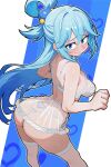  1girl :> aqua_(konosuba) ass blue_eyes blue_hair blush bra butt_crack commentary embarrassed english_commentary from_behind highres kono_subarashii_sekai_ni_shukufuku_wo! laz_gm lingerie long_hair looking_at_viewer looking_back paid_reward_available panties see-through_clothes see-through_skirt skirt solo thighs underwear wavy_mouth white_bra white_panties 