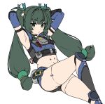  1girl bare_shoulders black_gloves black_shorts blue_vest blush braid breasts choker cropped_vest elbow_gloves gloves green_eyes green_hair hair_ribbon highres houtengeki long_hair looking_at_viewer navel qingyi_(zenless_zone_zero) ribbon short_shorts shorts sidelocks simple_background small_breasts thighs twin_braids twintails vest zenless_zone_zero 