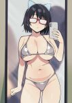  1girl absurdres bikini black_hair breasts brll cellphone cleavage closed_mouth commentary glasses highres holding holding_phone large_breasts looking_at_phone looking_at_viewer micro_bikini mirror_selfie navel opaque_glasses phone red-framed_eyewear selfie shiny_skin shiny_swimsuit short_hair silver_bikini skindentation smartphone solo standing swimsuit taking_picture tatsuno_saori yani_neko 
