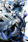  1girl bandages bandages_over_mouth blue_eyes blue_gloves blue_hair blue_skirt bow cape collared_cape commentary_request corset covered_mouth cowboy_shot fortissimo gloves hair_bow hair_ornament hair_ribbon hairclip haruno0629 highres looking_at_viewer mahou_shoujo_madoka_magica mahou_shoujo_madoka_magica:_walpurgis_no_kaiten miki_sayaka miki_sayaka_(magical_girl) musical_note musical_note_hair_ornament ribbon short_hair skirt solo soul_gem_(madoka_magica) white_background white_bow white_cape white_corset white_ribbon 