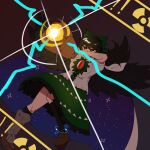  1girl aiming arm_cannon atom avian_zebra bird_wings black_hair black_socks black_wings bow breasts bright_pupils brown_eyes brown_shoes buttons cape center_frills chest_eye commentary control_rod_(touhou) covered_mouth dot_nose dutch_angle energy english_commentary frilled_skirt frills full_body glowing_muzzle green_bow green_skirt grey_background hair_bow hands_up highres loafers medium_breasts powering_up radiation_symbol reiuji_utsuho shoes short_sleeves simple_background skirt socks solo starry_sky_print third_eye touhou two-sided_cape two-sided_fabric v-shaped_eyebrows weapon white_cape white_pupils wings 