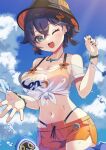  1girl bangboo_(zenless_zone_zero) bare_shoulders belle_(summer_skies)_(zenless_zone_zero) belle_(zenless_zone_zero) bikini black_hat blue_hair blue_sky blush bracelet breasts bucket_hat cleavage commentary_request green_eyes hair_ornament hat highres jewelry large_breasts letter_hair_ornament looking_at_viewer low_twintails navel necklace one_eye_closed open_mouth orange_bikini orange_shorts ryofuhiko see-through_clothes see-through_shirt sharkboo_(zenless_zone_zero) shirt short_hair short_shorts short_sleeves short_twintails shorts sky smile swimsuit thighs tied_shirt twintails white_shirt zenless_zone_zero 