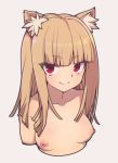  1girl animal_ear_fluff animal_ears bangs blonde_hair blunt_bangs breasts closed_mouth cropped_torso everyntrge eyebrows_visible_through_hair eyeliner grey_background looking_at_viewer makeup nipples original red_eyes sidelocks simple_background small_breasts smile solo upper_body 
