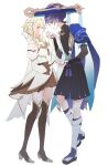  1boy 1girl absurdres armor armpit_crease black_bodysuit black_bow black_bridal_gauntlets black_sandals black_shorts black_thighhighs blonde_hair blue_cape blue_gem blue_hat blue_jingasa blue_kimono blue_sleeves blunt_ends bodysuit bow braid breasts bridal_gauntlets brown_skirt brown_sleeves cape closed_mouth clothing_cutout couple covered_collarbone detached_sleeves dress feathers flower frilled_skirt frills full_body furisode gem genshin_impact gold gold_ring hair_bow hair_flower hair_ornament hakama hakama_shorts half_up_half_down_braid hand_on_another's_hand hand_up hat head_down height_difference hetero high_heels highres hip_vent hoxino japanese_armor japanese_clothes jingasa juban kimono kote kurokote layered_sleeves leg_warmers looking_at_another lumine_(as_heaven_and_earth_are_made_anew)_(genshin_impact) lumine_(genshin_impact) mandarin_collar medium_breasts medium_dress middle_ring official_alternate_costume open_clothes open_hands open_kimono pleated_shorts pom_pom_(clothes) purple_eyes purple_hair sandals scaramouche_(genshin_impact) scarf short_hair short_hair_with_long_locks short_sleeves shorts shoulder_peek showgirl_skirt side_cape sideboob sidelocks skirt skirt_under_dress smile stirrup_legwear sweatdrop tassel thighhighs toeless_legwear vision_(genshin_impact) wanderer_(genshin_impact) white_background white_bridal_gauntlets white_dress white_flower white_kimono white_leg_warmers white_scarf white_sleeves white_trim yellow_eyes yellow_feathers zouri 