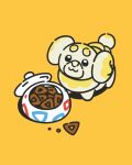  :3 animal_focus bowl closed_mouth commentary english_commentary fidough flat_color highres james_turner no_humans official_art pet_bowl pet_food pokemon pokemon_(creature) pokemon_focus simple_background smile yellow_background 