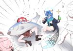  1boy 3girls absurdres ahoge animal_ears balaclava bare_legs black_boots black_coat black_horns black_skirt blue_archive blue_halo blue_scarf boots chinese_commentary closed_eyes coat commentary_request crying doodle_sensei_(blue_archive) fish grey_hair halo heterochromia highres horns hoshino_(blue_archive) jinrou_mangfu junko_(blue_archive) missing_halo multiple_girls open_mouth pink_hair plaid_clothes plaid_skirt red_hair red_skirt scarf sensei_(blue_archive) shiroko_(blue_archive) shirt simple_background skirt white_background white_shirt wolf_ears 