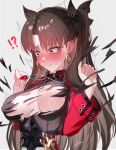  !? 1girl absurdres black_hair black_shirt blue_eyes blush breasts bursting_breasts commentary_request earrings fate/stay_night fate/unlimited_blade_works fate_(series) highres honkai:_star_rail honkai_(series) jacket jewelry large_breasts long_hair miya-chan_(lightning0730) necklace paid_reward_available red_jacket shirt simple_background solo tohsaka_rin tohsaka_rin_(honkai:_star_rail) torn_clothes torn_shirt twintails very_long_hair 