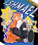  1girl absurdres black_jacket black_pants boots bow brown_boots brown_hairband character_name closed_mouth commentary_request dated hair_bow hairband happy_birthday highres holding holding_mace holding_weapon id_card ishmael_(project_moon) jacket limbus_company long_hair looking_at_viewer mace mei_rin necktie orange_hair pants project_moon red_necktie rope shield sidelocks smile solo squatting very_long_hair weapon white_bow 