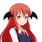  1girl :o bangs bat_wings black_vest bright_pupils cato_(monocatienus) commentary_request eyebrows_visible_through_hair head_wings koakuma long_hair looking_at_viewer necktie red_eyes red_hair red_neckwear shirt simple_background solo touhou upper_body vest white_background white_pupils white_shirt wing_collar wings 