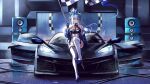  1girl absurdres bare_shoulders black_gloves black_shoes blue_eyes blue_jacket breasts car chevrolet_corvette chevrolet_corvette_c8 closed_mouth commentary commission erin_(granblue_fantasy) flag gloves granblue_fantasy grey_hair hair_between_eyes hand_up high_heels highres holding holding_flag jacket jacket_partially_removed kcar66t leotard long_hair looking_at_viewer motor_vehicle off_shoulder on_car pointy_ears race_queen see-through_cleavage see-through_clothes shoes sitting solo speaker thighhighs white_leotard white_thighhighs 