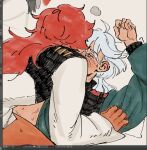  2girls art_program_in_frame asticassia_school_uniform blush closed_eyes commentary green_jacket grey_eyes gundam gundam_suisei_no_majo indiesasterr jacket kiss long_hair miorine_rembran multiple_girls red_hair school_uniform straddling suletta_mercury sweat white_hair white_jacket yuri 