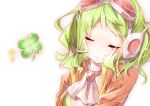  1girl bad_id bad_pixiv_id blush closed_eyes clover four-leaf_clover goggles goggles_on_head green_hair green_tube_top gumi gumi_(v3_megpoid) headphones jacket orange_jacket red-tinted_eyewear red_goggles sakuragi_ren short_hair solo strapless tinted_eyewear tube_top vocaloid white_background 