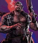  1boy abs absurdres arm_hair bara bare_pectorals beard black_hair broad_shoulders burn_scar chest_hair cigar collared_jacket commentary cross deadlock_(game) dopey_(dopq) facial_hair fingerless_gloves full_beard gloves gun highres holding holding_gun holding_weapon jacket large_pectorals latin_cross male_focus mature_male multicolored_hair muscular muscular_male mustache navel_hair nipples no_shirt open_clothes open_jacket open_mouth pectorals scar short_hair sleeves_rolled_up smoking solo stake thick_eyebrows thick_neck two-tone_hair upper_body venator_(deadlock) weapon white_hair 