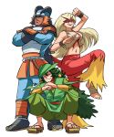  1girl 2boys armor bandaged_feet bandages bare_arms bare_shoulders barefoot behind_another blaziken blonde_hair blue_eyes bracer closed_mouth commentary cropped_shirt dark_skin dark_skinned_male english_commentary eye_mask floating_hair full_body gen_3_pokemon geta green_eyes grin half-closed_eyes helmet highres knee_up long_hair looking_at_viewer mask midriff mouth_hold multiple_boys navel orange_eyes pants personification pokemon pokemon_(game) pokemon_rse pose sceptile serious shirt shoulder_armor simple_background sleeveless sleeveless_shirt smile spikes squatting standing stomach swampert tail tina_fate toes very_long_hair vest white_background wristband 