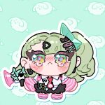  1girl :< absurdres animal_print arm_warmers asymmetrical_bangs ayunyan_pere bandaid bandaid_hair_ornament chibi chibi_only closed_mouth commentary_request dog_print earrings full_body fur-trimmed_skirt fur_trim green_background green_eyes green_hair hair_ornament hairclip highres holding holding_megaphone jewelry leg_warmers looking_at_viewer megaphone musical_note_earrings necktie pink_arm_warmers pink_leg_warmers red_necktie shirt skirt solo striped_arm_warmers striped_leg_warmers sunna_(zenless_zone_zero) tearing_up two-tone_leg_warmers wavy_mouth white_shirt zenless_zone_zero 