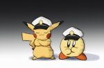  blush_stickers captain_pikachu closed_eyes color_connection commentary_request crossed_arms crossover gradient_background hat imo_yaco kirby kirby_(series) no_humans peaked_cap pikachu pokemon pokemon_(anime) pokemon_(creature) pokemon_horizons standing 