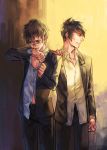  2boys black_hair blood blood_in_mouth formal ginoza_nobuchika glasses hand_on_shoulder kougami_shin&#039;ya male_focus messy_hair multiple_boys psycho-pass siruphial suit unbuttoned unbuttoned_shirt wiping_face 
