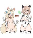  ahoge animal_ear_fluff animal_ears animal_print bell bikini blonde_hair blue_eyes blue_streaks blush breast_suppress breasts brown_hair cat_ears choker cleavage commentary cow_print cow_print_bikini cow_print_gloves cow_print_leotard cow_print_thighhighs cowboy_shot cropped_legs elbow_gloves fish_girl flat_chest gloves green_eyes highres indie_virtual_youtuber kaniki_(sameko_saba) large_breasts lifebuoy_hair_ornament long_hair looking_at_viewer low_twintails lowleg lowleg_bikini micro_bikini mole mole_on_breast multicolored_hair naplings_(nimi_nightmare) neck_bell nimi_nightmare one_side_up print_bikini print_gloves print_thighhighs sameko_saba simple_background small_breasts streaked_hair swimsuit tapir_ears tapir_girl tetsujin_525-gou_k's thighhighs twintails untranslatable_commentary v very_long_hair virtual_youtuber white_background 