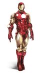  1boy absurdres arc_reactor armor commentary covered_abs full_body gaeccc_bal glowing glowing_eyes helmet highres iron_man iron_man_(series) male_focus marvel multicolored_armor multicolored_helmet muscular muscular_male power_armor red_armor red_helmet white_background yellow_armor yellow_eyes yellow_helmet 