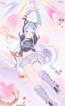  1girl animal_ear_headphones animal_ears arm_warmers arms_up bag black_choker black_shirt blue_eyes blueberry cake cake_slice cat_ear_headphones cat_ears checkerboard_cookie choker commentary cookie cup fake_animal_ears food fruit grey_hair hair_between_eyes hair_ornament hairclip headphones heart heart_hair_ornament highres holding holding_sword holding_weapon kneehighs leg_warmers long_hair looking_at_viewer macaron marikami63016 midriff miniskirt mismatched_arm_warmers navel negai_wa_itsuka_asa_wo_koete_(project_sekai) official_alternate_costume plaid_clothes plaid_skirt pleated_skirt project_sekai purple_bag purple_leg_warmers purple_skirt round_bag saucer shirt short_sleeves shoulder_bag skirt socks solo strawberry striped_arm_warmers striped_clothes striped_socks sword teacup teapot thigh_strap very_long_hair weapon winged_bag x_hair_ornament yami_kawaii yoisaki_kanade 