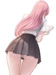  1girl absurdres ass ass_peek black_skirt book cameltoe commentary english_commentary fintowing from_behind from_below highres holding holding_book long_hair original panties pantyshot pink_hair pleated_skirt school_uniform simple_background skirt solo sweat underwear white_background white_panties 