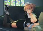  1girl alternate_costume black_dress black_footwear black_legwear blush breasts brown_hair cleavage collarbone dress enmaided eyebrows_visible_through_hair gloves green_eyes high_heels kantai_collection kasumi_(skchkko) large_breasts lying maid maid_headdress mutsu_(kantai_collection) on_stomach short_hair short_sleeves smile solo stained_glass the_pose thighhighs white_gloves 