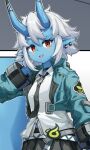  1girl aqua_jacket black_choker black_necktie blue_horns blue_oni blue_skin blush c1_comb3r choker colored_skin hair_between_eyes hair_between_horns hand_up horns jacket looking_at_viewer multicolored_horns necktie oni open_mouth pointy_ears red_eyes shirt short_hair sidelocks skin-covered_horns skirt solo soukaku_(zenless_zone_zero) teeth two-tone_horns upper_body upper_teeth_only white_hair white_shirt zenless_zone_zero 
