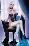  1girl azur_lane bare_shoulders belfast_(azur_lane) belfast_(iridescent_rosa)_(azur_lane) black_choker black_shoes blue_eyes bra breasts broken broken_chain chain chinese_clothes chinese_commentary choker cleavage_cutout clothes_lift clothing_cutout commentary_request crossed_legs curtains double-parted_bangs dress dress_lift earrings falling_petals frostce glowing glowing_petals hair_between_eyes head_tilt high_heels highres indoors jewelry lace lace-trimmed_thighhighs lace_bra lace_trim large_breasts lipgloss long_hair long_sleeves looking_at_viewer mandarin_collar no_panties nose official_alternate_costume parted_lips pelvic_curtain petals pink_lips pumps qipao realistic reflective_floor shoes shoulder_cutout side_slit sitting solo stiletto_heels stool thighhighs underwear very_long_hair white_hair white_thighhighs wide_sleeves window 