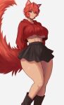  1girl abs absurdres alternate_costume animal_ears arms_behind_back black_skirt breasts closed_mouth commentary crop_top cropped_hoodie english_commentary fang highres hood hoodie large_breasts looking_at_viewer meibin red_hair red_hoodie simple_background skin_fang skirt smile socks_agency solo tail underboob virtual_youtuber wolf_ears wolf_girl wolf_tail yellow_eyes zentreya 