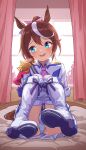  1girl absurdres animal_ears aqua_eyes ascot bed_sheet blush boots brown_hair commentary_request curtains double-parted_bangs embarrassed feng_lin gloves gold_trim hair_between_eyes highres horse_ears horse_girl horse_tail hugging_own_legs knees_together_feet_apart knees_up long_hair looking_to_the_side miniskirt multicolored_hair on_bed open_mouth paid_reward_available panties pleated_skirt purple_ascot purple_gloves purple_ribbon ribbon shoe_soles sitting skirt solo streaked_hair sweatdrop tail thighs tokai_teio_(peak_joy)_(umamusume) tokai_teio_(umamusume) umamusume underwear variant_set white_boots white_gloves white_hair white_panties window 