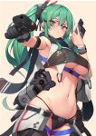  .live 1girl absurdres aiming_at_viewer alternate_costume bangs belt blush breasts closed_mouth commentary_request cowboy_shot crop_top eyebrows_visible_through_hair glasses gloves green_eyes green_hair groin gun hand_on_eyewear handgun highleg highres holding holding_gun holding_weapon jetpack kagura_suzu_(.live) large_breasts long_hair looking_at_viewer navel ponytail semi-rimless_eyewear side_ponytail simple_background smile smirk solo standing sy4 titanfall_(series) underboob utility_belt very_long_hair virtual_youtuber weapon 