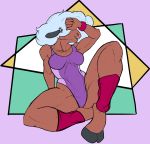  anthro bovid breasts caprine clothing cloven_hooves f_draws female hair hair_over_eyes hi_res hooves leotard mammal muscular muscular_anthro muscular_female sheep sitting solo tight_clothing white_hair wristband 