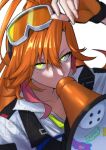  1girl collared_shirt commentary_request gloves goggles goggles_on_head green_eyes highres holding holding_megaphone hololive hyakuto_kyoko karakr_shin long_hair looking_at_viewer megaphone mole mole_under_eye orange_gloves shirt simple_background solo virtual_youtuber watermark white_background white_shirt 