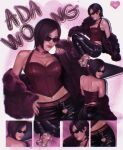  1girl ada_wong belt belt_charm black_hair black_pants breasts character_name charm_(object) coat coat_partially_removed collarbone commentary english_commentary from_behind fur_coat heart high_heels highres jewelry leather leather_pants lipstick makeup multiple_views nail_polish navel necklace pants pink_nails red_shirt resident_evil shirt shoes short_hair silver_shoes sunglasses whereiskrln 