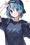  1girl absurdres alternate_costume artist_name baseball_cap black_shirt blue_eyes blue_hair blush chromatic_aberration hand_up hat highres looking_at_viewer mahou_shoujo_madoka_magica mahou_shoujo_madoka_magica_(anime) miki_sayaka mitsureki_meyli shirt short_hair short_sleeves simple_background smile solo t-shirt upper_body v-shaped_eyebrows white_background 