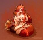  2girls animal_ears artist_name blunt_bangs blush breasts brown_background brown_hair brown_shorts closed_mouth commentary deviantart_username dog_ears dog_girl dog_tail english_commentary facebook_username full_body furaffinity_username hair_tubes highres hug instagram_username kneeling large_breasts long_hair looking_at_another medium_breasts medium_hair messy_hair metal_hair_tubes multiple_girls nipples nose_blush panties pixiv_username raccoon_ears raccoon_girl raccoon_tail raised_eyebrows raphtalia red_eyes shorts sitting smile split straight_hair tail tanuki tate_no_yuusha_no_nariagari temerohimitaki topless_female twitter_username underwear underwear_only watermark white_panties wyndia_(tate_no_yuusha_no_nariagari) yuri 