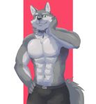 2020 abs anthro bottomwear canid canine canis clothing digital_media_(artwork) fur hi_res male mammal multicolored_body multicolored_fur muscular muscular_anthro muscular_male naikuma pecs simple_background solo wolf 