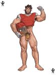  1boy abs absurdres american_football_helmet american_football_uniform arm_hair armpit_hair bara beard blake_alexander chastity_cage english_commentary facial_hair gloves helmet highres holding holding_unworn_helmet male_focus monster_prom muscular muscular_male no_male_underwear no_pants open_mouth pectorals pointy_ears pubic_hair scott_howl simulated_facial sportswear suggestive_fluid unworn_headwear unworn_helmet werewolf white_background white_gloves 