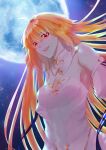  1girl absurdres antenna_hair archetype_earth arcueid_brunestud backless_outfit bare_shoulders blonde_hair blue_ribbon breasts cleavage commentary_request detached_sleeves dress fate/grand_order fate_(series) from_below glowing glowing_eyes gold_trim hair_between_eyes high_collar highres long_hair looking_at_viewer night pale_skin puffy_detached_sleeves puffy_sleeves red_eyes ribbon shade sidelocks single_hair_intake smile solo tsukihime tsukihime_(remake) upper_body uzu_asc white_dress white_sleeves 