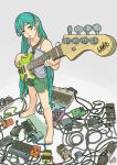  1girl :p alternate_costume amplifier_(instrument) bangs bare_arms bare_legs bare_shoulders barefoot cable camisole casual cellphone closed_mouth collarbone drawstring electric_guitar electric_plug fingernails foreshortening full_body green_eyes green_hair green_nails guitar half-closed_eyes hatsune_miku head_tilt holding holding_instrument instrument long_hair looking_at_viewer nail_polish parted_bangs phone shima_(landsuzume) shorts smartphone solo sweat toenails toes tongue tongue_out twintails very_long_hair vocaloid 