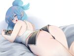  1girl absurdres alternate_costume alternate_hairstyle aqua_(konosuba) ass ass_focus bare_shoulders bed_sheet black_shorts blue_eyes blue_hair blush camisole commentary_request dolphin_shorts from_behind gradient_background hair_between_eyes hair_bun handheld_game_console highres holding holding_handheld_game_console kono_subarashii_sekai_ni_shukufuku_wo! kotlight looking_at_viewer looking_back lying mario_(series) mario_kart mario_kart_8 medium_hair on_stomach open_mouth portuguese_commentary short_shorts shorts solo thighs white_background white_camisole 